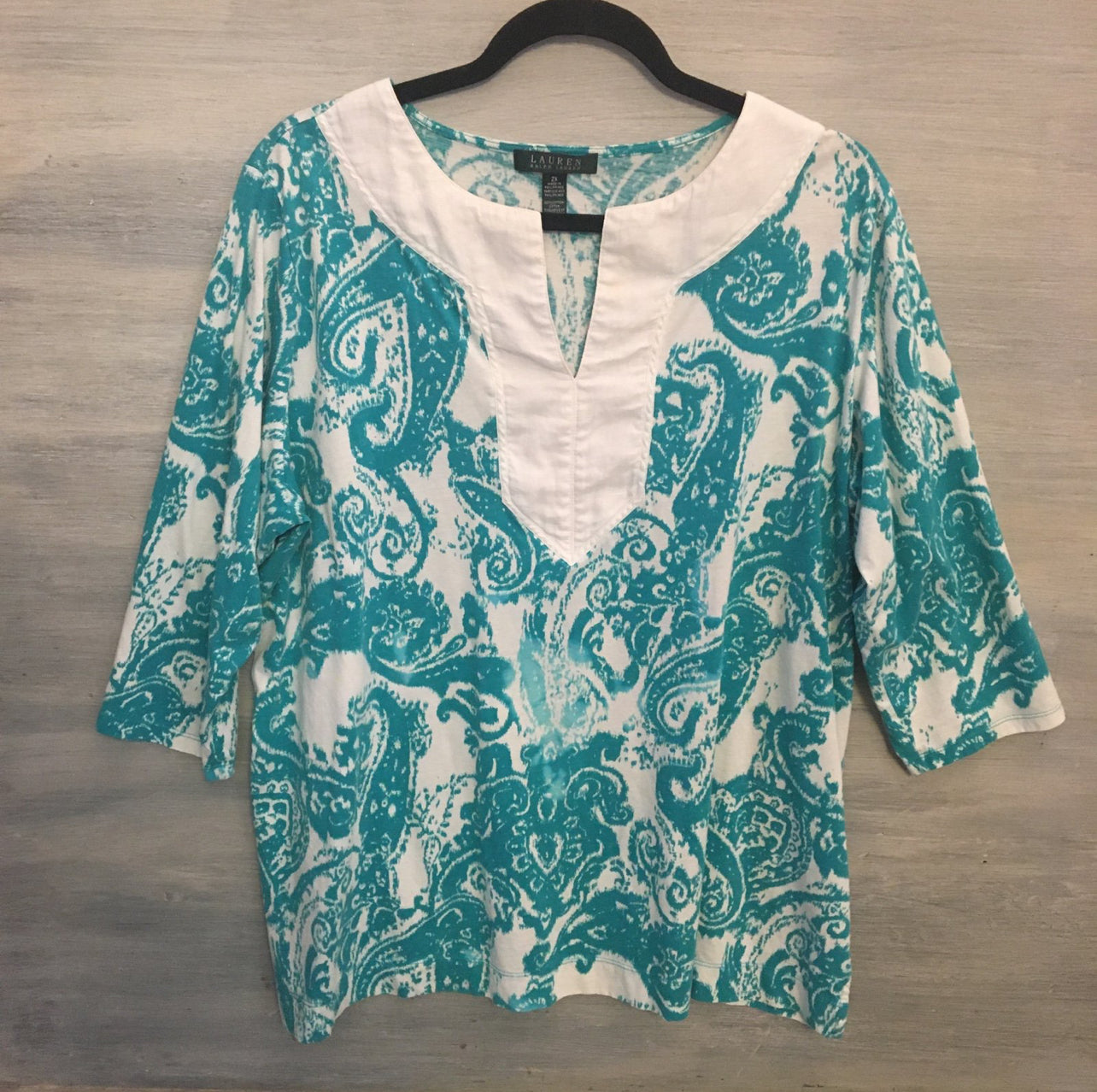 Ralph Lauren 100% Cotton Aqua Blue White 3/4 Sleeve Tunic Top Blouse Size 2X Like New