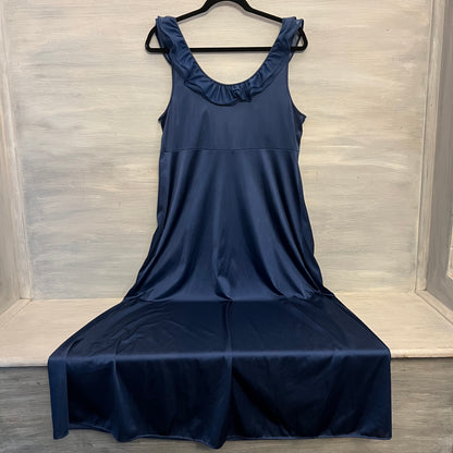 Vintage Shadowline Navy Blue Ruffle Neckline Full Length Night Gown Medium Good Condition