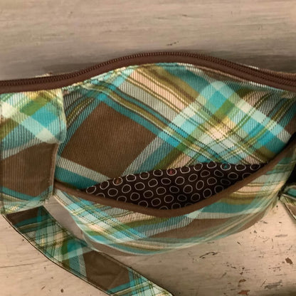Thirty-One “Faith” Brown Aqua Blue Plaid Crossbody Bag Purse 10x11 Like New