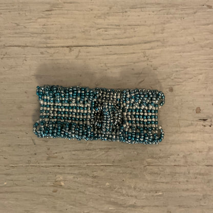 Handmade Blue White Iridescent Mini Beaded Cuff Bracelet 7" Good Condition