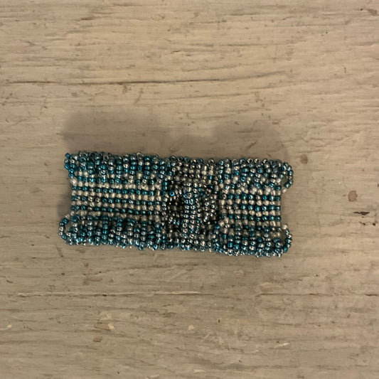 Handmade Blue White Iridescent Mini Beaded Cuff Bracelet 7" Good Condition