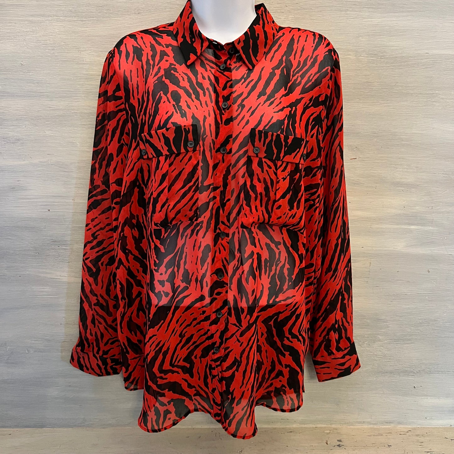 Mint Velvet Red Black Zebra Print Sheer Button Down Blouse Size 16 Like New