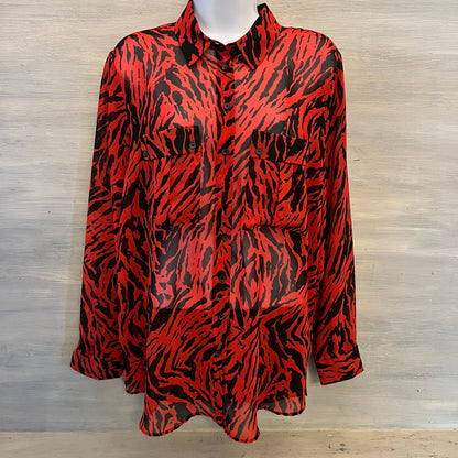 Mint Velvet Red Black Zebra Print Sheer Button Down Blouse Size 16 Like New