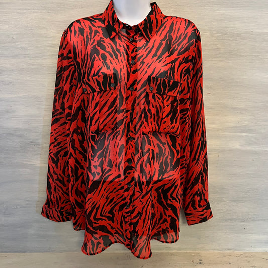Mint Velvet Red Black Zebra Print Sheer Button Down Blouse Size 16 Like New