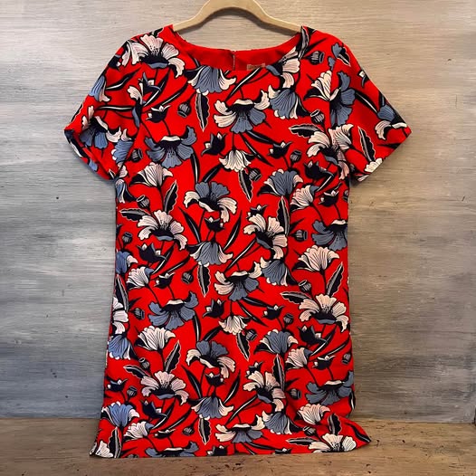 J. Crew Red Blue Floral Print Scoop Neck Tunic Dress Size 8 Like New