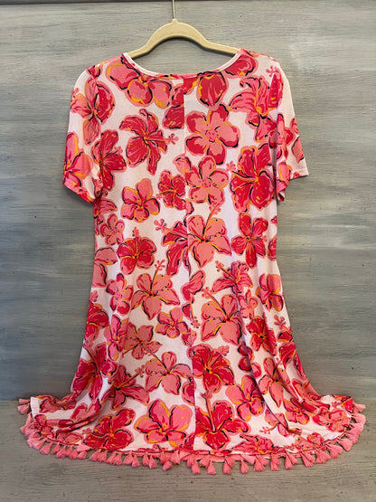 Simply Southern Hot Pink Hawaiian Flower Print Above Knee Dress Size Small Good Condition