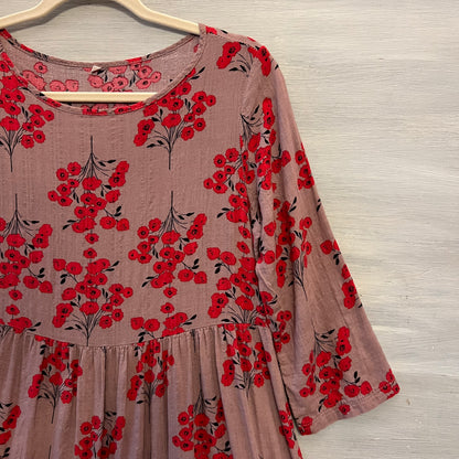 Purple Red Floral Print Crew Neck 3/4 Sleeve Smock Midi Dress Size Medium Like New