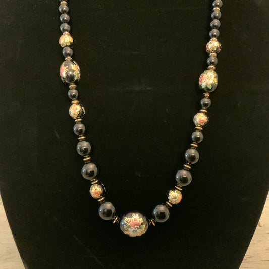 Vintage Black Floral Beaded Necklace & Earring Set Good Condition