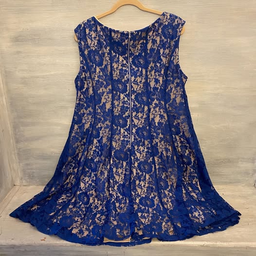 Gabby Skye Royal Blue Lace Tan Under Lining Sleeveless Fit and Flare Dress 18W Like New