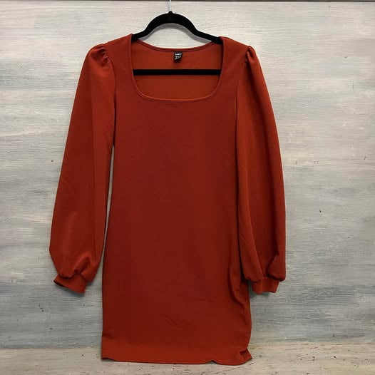 SHEIN Burnt Orange Square Neckline Balloon Sleeve Fitted Dress XS Like New