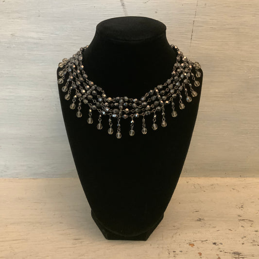 Black Faceted Multi Strand Beaded Choker Necklace w/ Dangling Beads 13-16" Good Condition