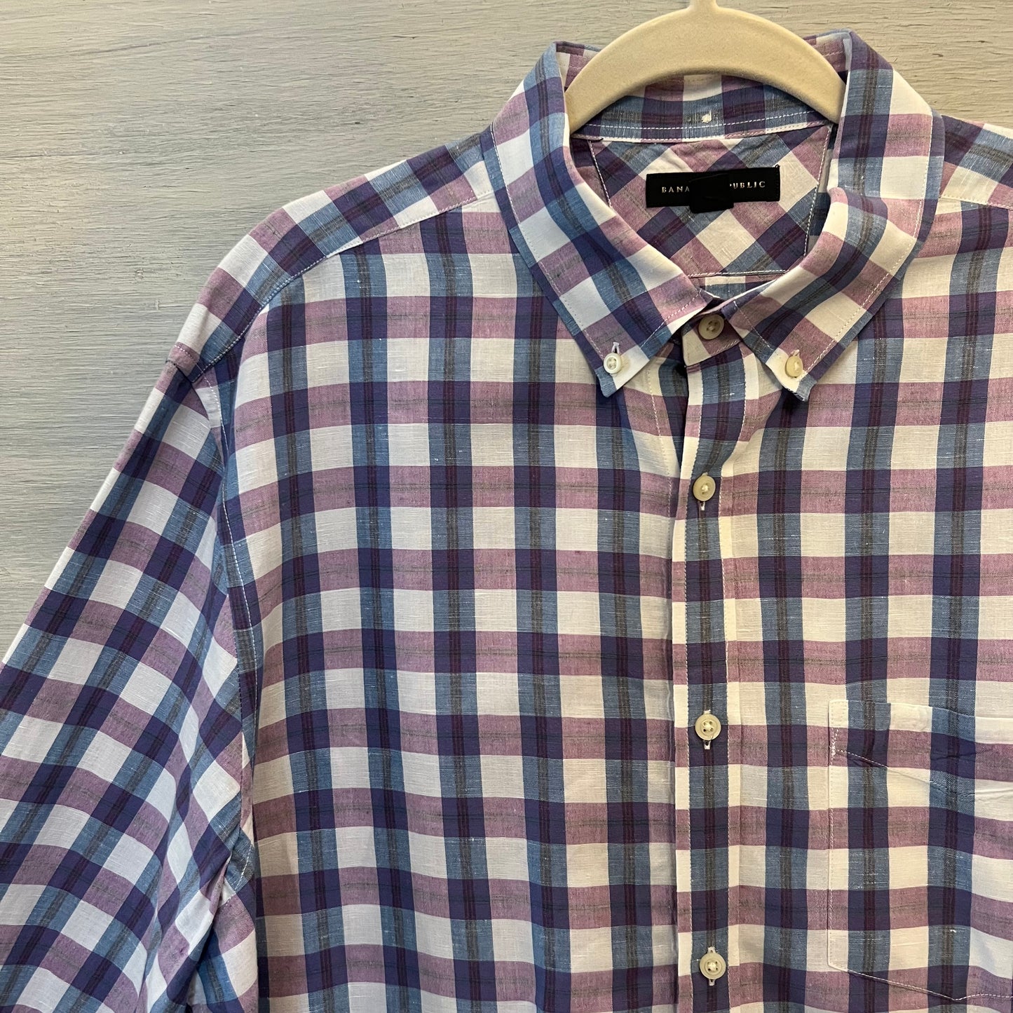 Banana Republic Cotton Linen Purple Plaid Button Down Shirt Size XL Like New