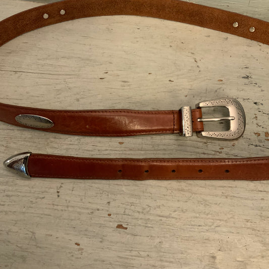 Top Grain Brown Leather Engraved Silver Tone Ornamental Western Belt 42-46" Good Condition
