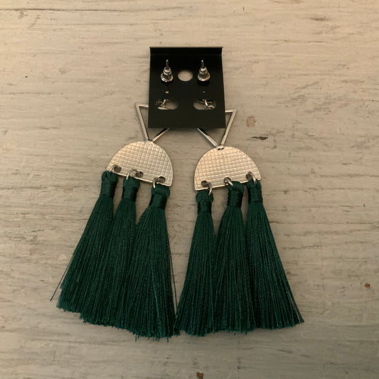 Bohemian Silver Geometric Forest Green Dangling Tassel Fashion Earrings New