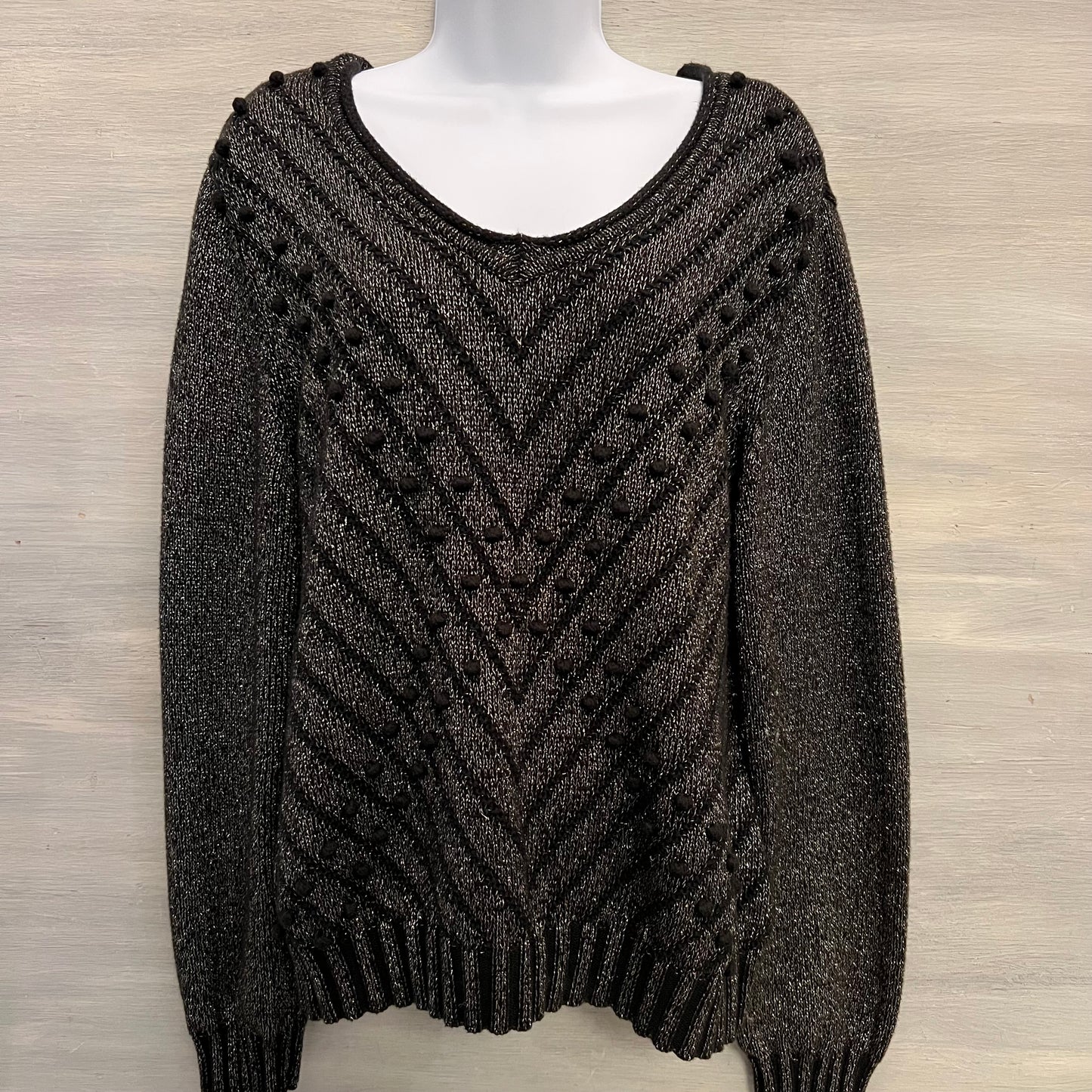 600 West Black Metallic Silver Thread Vneck Sweater w/ Removable Cowl XL Good Condition