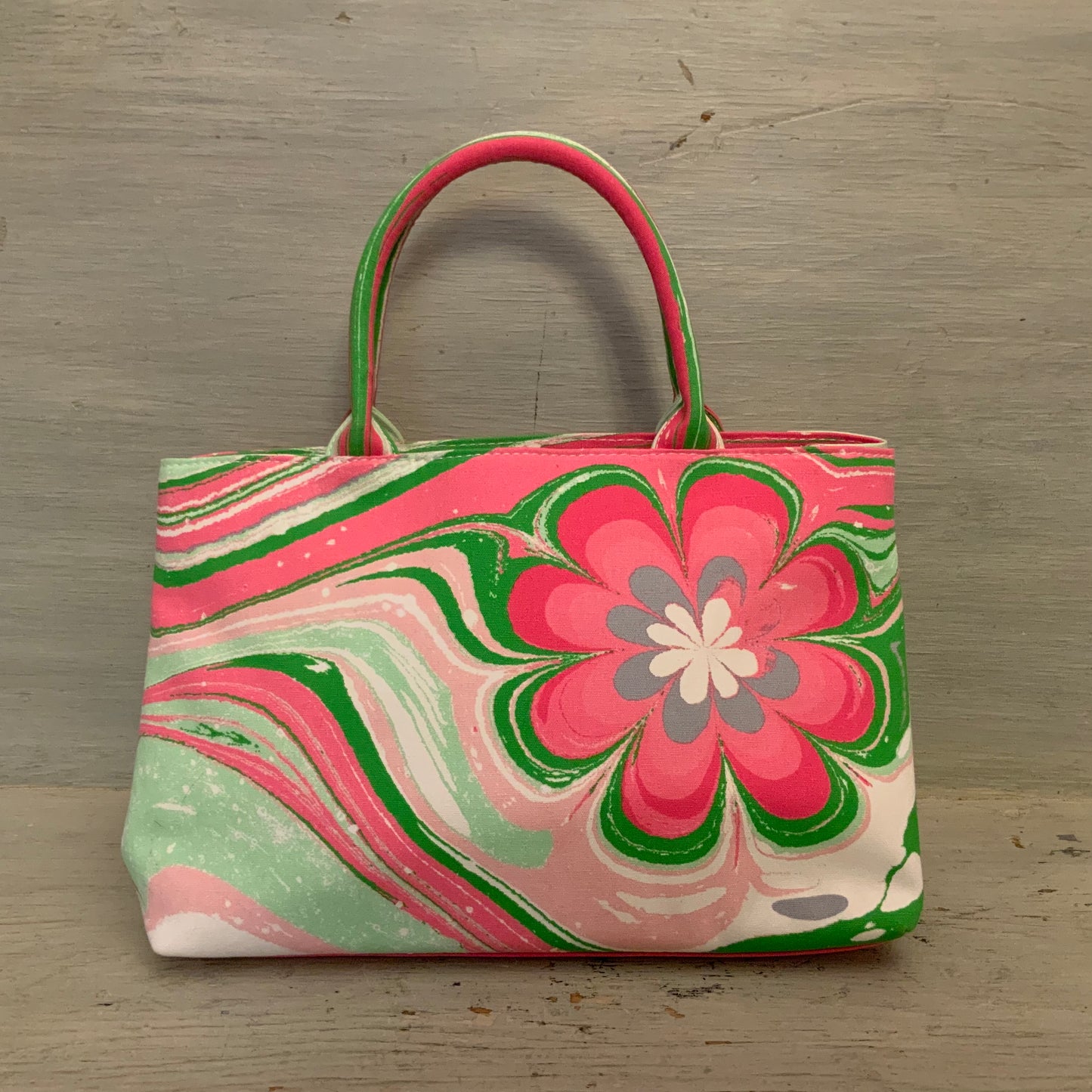 Estée Lauder Hot Pink Green Funky Flower Print Canvas Handbag Purse Like New
