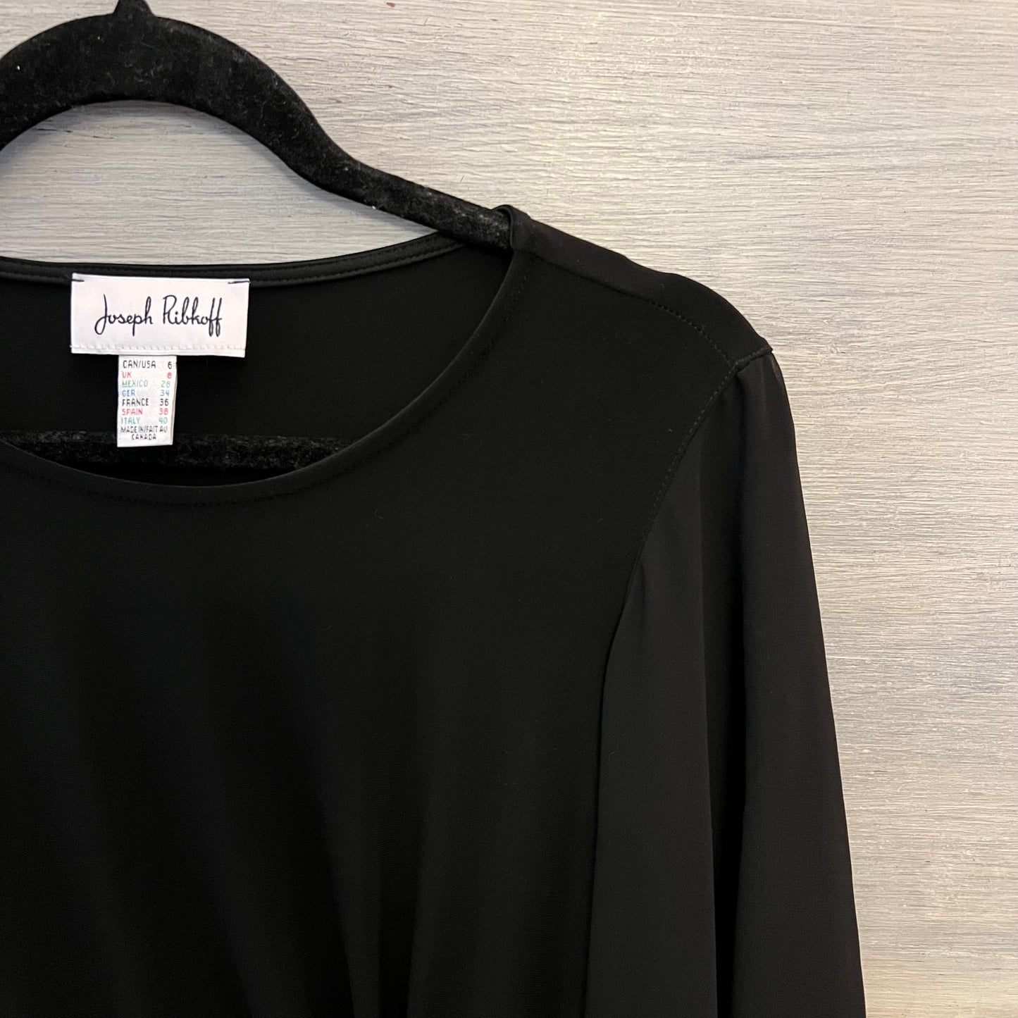 Joseph Ribkoff Elegant Black Sheer Flare Sleeve Ruched Side Blouse Size 6 New with Tags