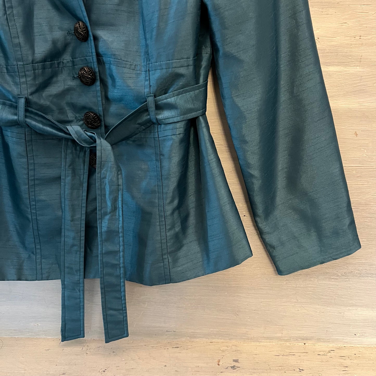 Vintage Signature by Larry Levine Teal Iridescent Sheen Trench Jacket Size10 Good Condition
