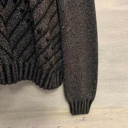 600 West Black Metallic Silver Thread Vneck Sweater w/ Removable Cowl XL Good Condition