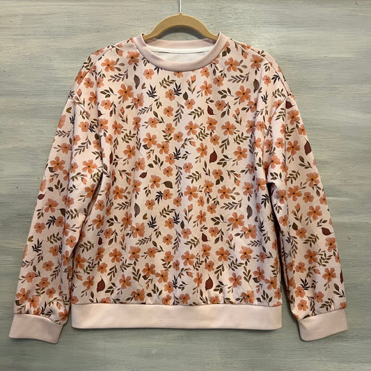 Emery Rose Peach Floral Leaf Print Crew Neck Pullover Sweatshirt Medium Good Condition