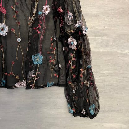 a new day Colorful Embroidered Flower Sheer Black Cropped Blouse Medium Like New