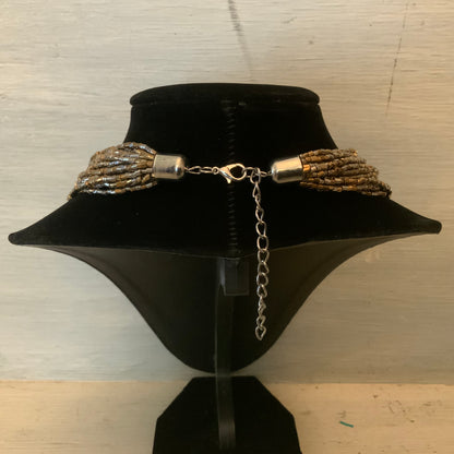 Bold Bronze Silver Beaded Multi Strand Choker Statement Necklace Good Condition
