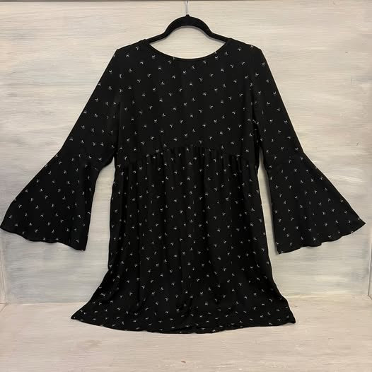 Loft Empire Waist Bell Sleeve Black Silver Crescent Moon Print Dress Medium Like New