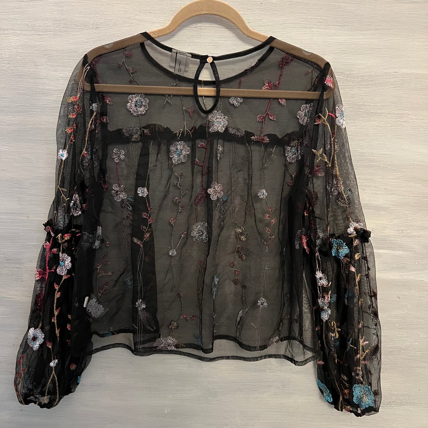 a new day Colorful Embroidered Flower Sheer Black Cropped Blouse Medium Like New