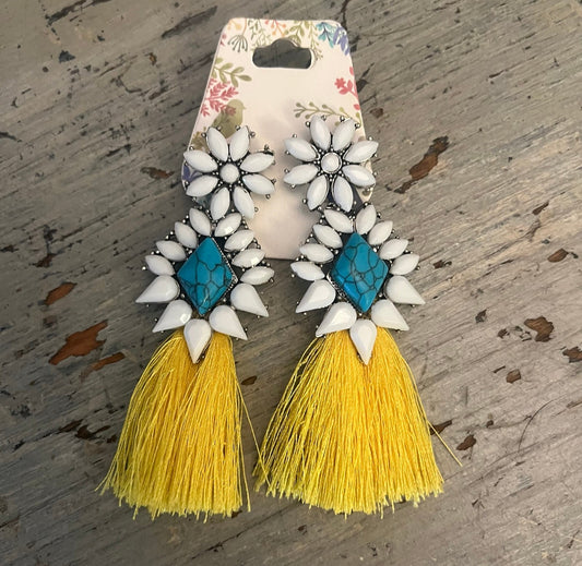 Bahama Mama White Faux Turquoise Beaded Flowers with Yellow Tassels New