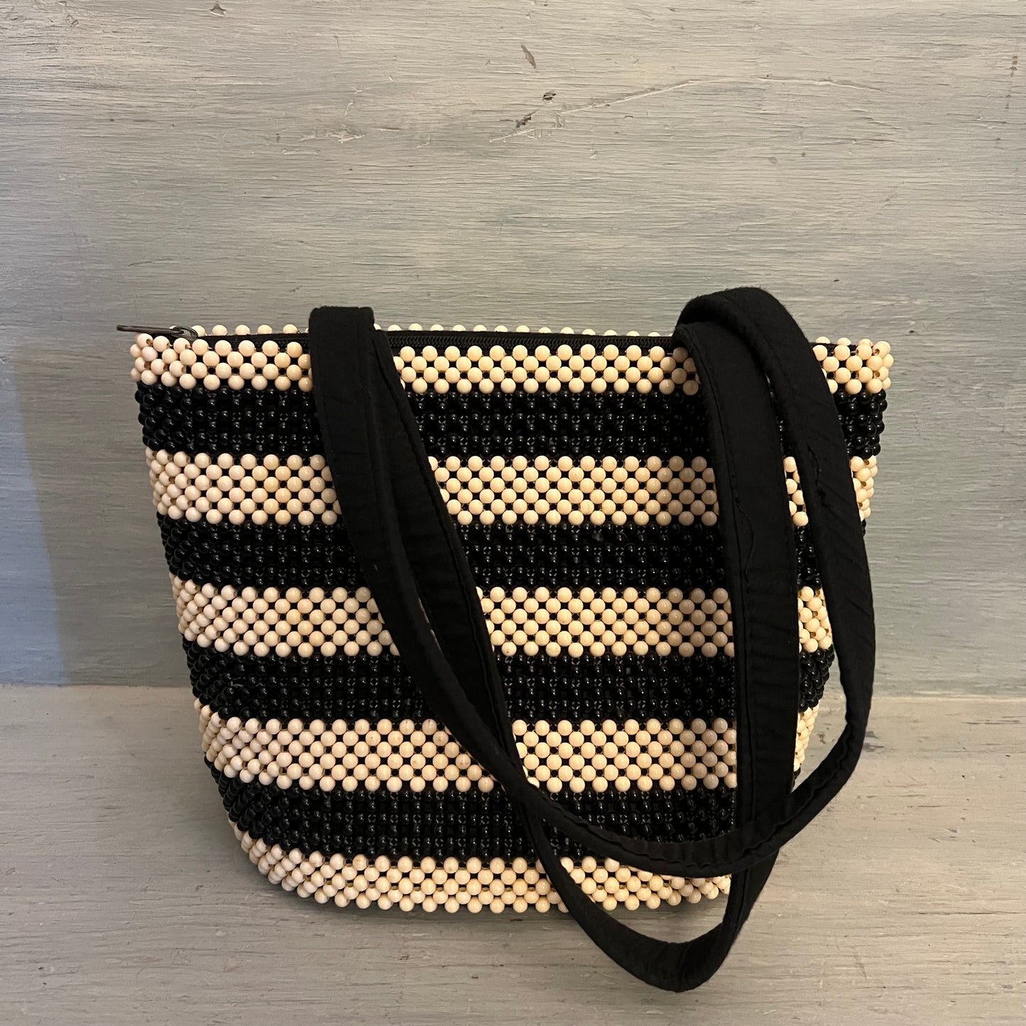 Vintage Beaded Black Cream Stripe Shoulder Bag Purse Good Condition