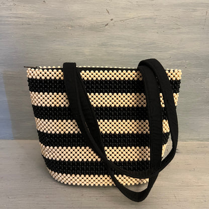 Vintage Beaded Black Cream Stripe Shoulder Bag Purse Good Condition