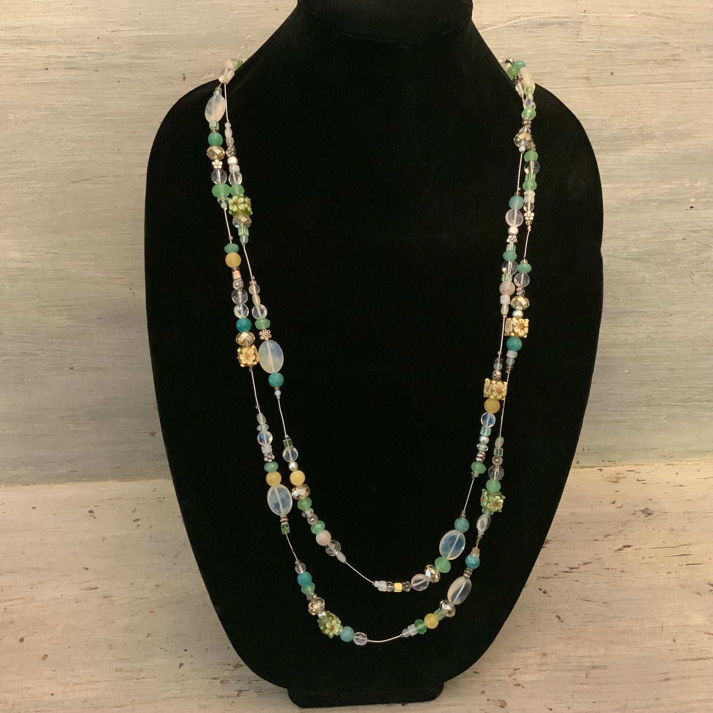 Elegant Hand Beaded Mint Yellow Clear Flower Long Wrap Necklace 36” Long New