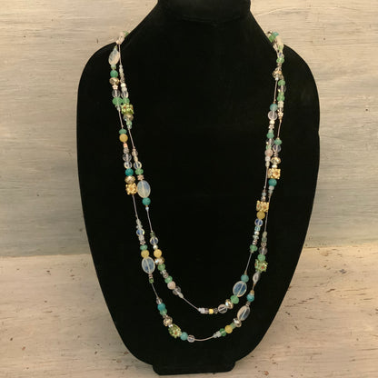 Elegant Hand Beaded Mint Yellow Clear Flower Long Wrap Necklace 36” Long New