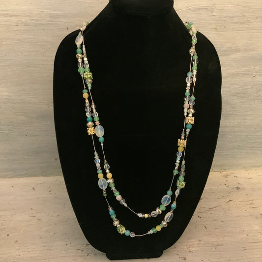 Elegant Hand Beaded Mint Yellow Clear Flower Long Wrap Necklace 36” Long New
