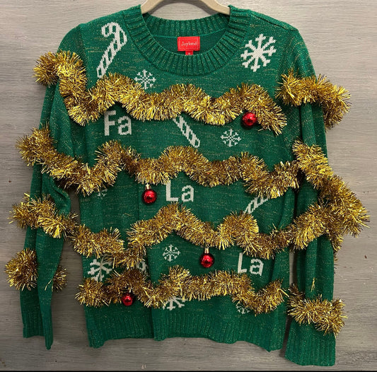 Joyland Green Gold Garland Red Bulb Holiday Christmas Crewneck Sweater Medium Like New