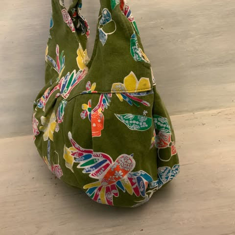 Boho Colorful Bird Flower Skull Print Olive Canvas Hobo Shoulder Bag Purse Good Condition