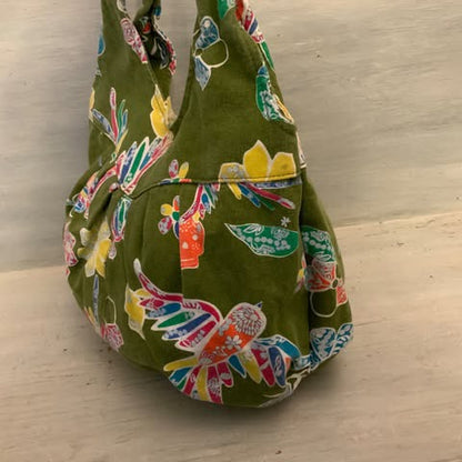 Boho Colorful Bird Flower Skull Print Olive Canvas Hobo Shoulder Bag Purse Good Condition