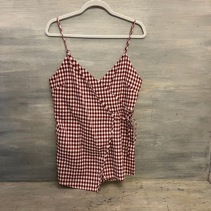 Super Down 100% Cotton Burgundy White Check Faux Wrap Romper Medium Like New