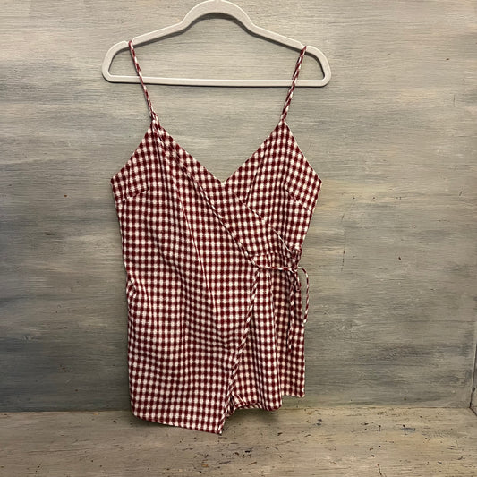Super Down 100% Cotton Burgundy White Check Faux Wrap Romper Medium Like New