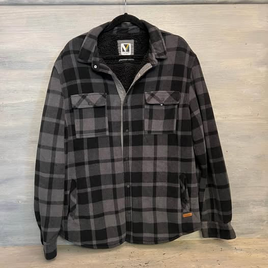 Voyager Men’s Black Grey Plaid Fleece Sherpa Lined Flannel Shacket XL Good Condition