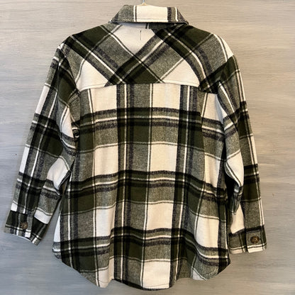 Time&Tru Olive Green Black Cream Plaid Flannel Button Down Shirt Shacket Small Good Condition