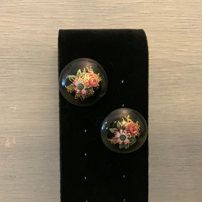 Vintage Black Floral Beaded Necklace & Earring Set Good Condition