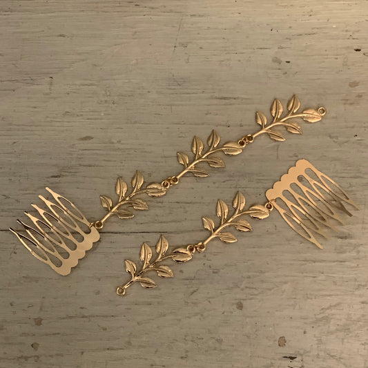 Set of Two Light Gold Toned Dangling Branch w/ Leaves Decorative Hair Combs Good Condition