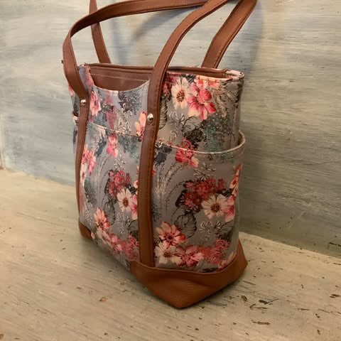 Rosetti Faux Brown Leather Pink Purple Floral Print Shoulder Bag Purse Good Condition