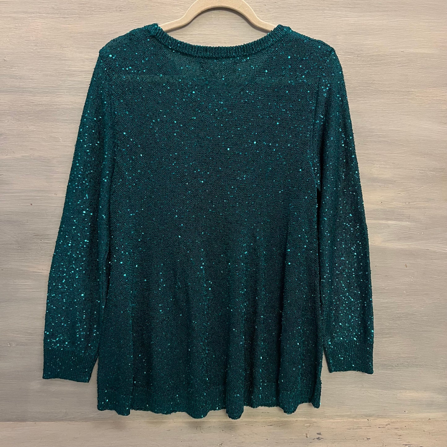 Emaline Emerald Green Sheer Sequined Crew Neck Sweater Size Large Good Condition