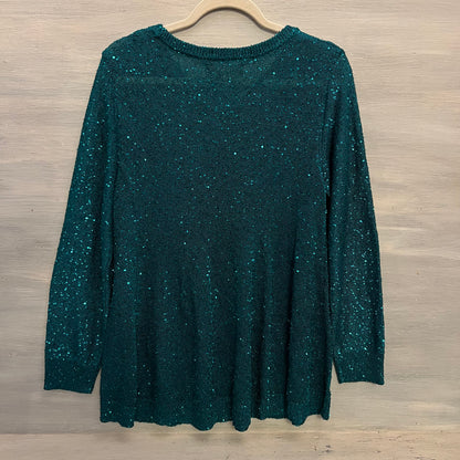 Emaline Emerald Green Sheer Sequined Crew Neck Sweater Size Large Good Condition