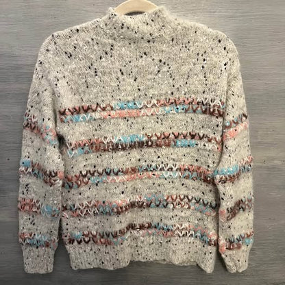 Maurices White Eyelash Cross Stitch Stripe Crew Neck Sweater Small Like New