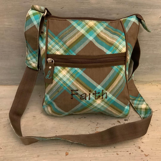 Thirty-One “Faith” Brown Aqua Blue Plaid Crossbody Bag Purse 10x11 Like New