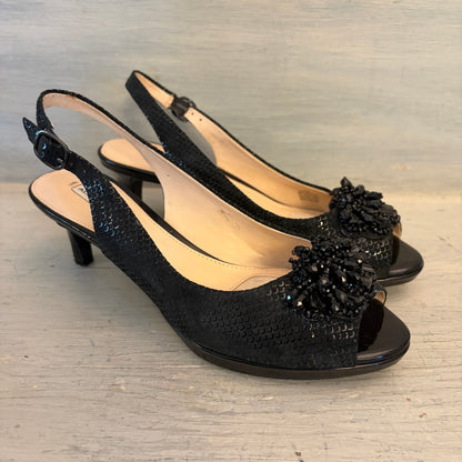 Alex Marie Black Leather Beaded Open Toe Slingback Kitten Heels Size 7 Good Condition