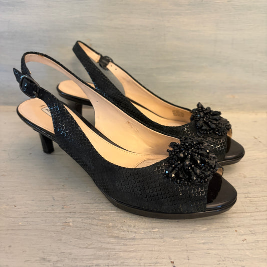 Alex Marie Black Leather Beaded Open Toe Slingback Kitten Heels Size 7 Good Condition
